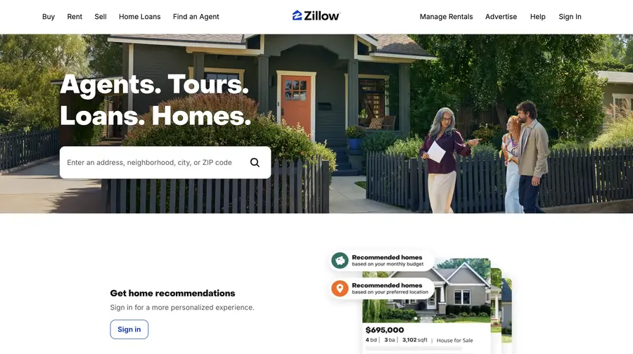 Zillow website home page